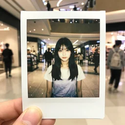 beautiful japanese girl in a mall, polaroid, expired film,