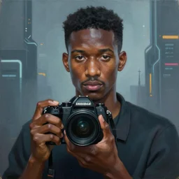 an epic painting of a black man with short hair, thin face, tiny thin mustache, holding a big camera, oil on canvas, cold colors, perfect composition, golden ratio, beautiful detailed, photorealistic, digital painting, artstation, concept art, smooth, sharp focus, illustration, cyberpunk background, artstation trending, octane render, unreal engine