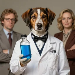 an aristocratic dog dressed as a scientist holds a modern transparent the north face little bottle filled with vivid blue iridescent liquid, art highly detailed, by frank frazetta, keith parkinson and greg rutkowski and aleksandra skiba, concept art,