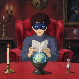 a fortune teller wearing a mask sits in a red velvet room reading a fortune, anime film still from Studio Ghibli movie with art direction by Zdzisław Beksiński, wide lens