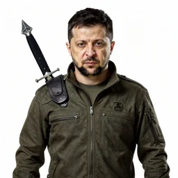 Detailed portrait of Volodymyr Zelensky close to reality in 2022, in game style 8k in a detailed costume of an assassin from the computer game assassin, Vladimir Putin's face is noticeable in the blade of a dagger, on a white background,
