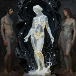 Beautiful full-body wax sculpture of glowing transparent woman with visible bones covered with melted white candle wax inside the singularity where stars becoming folds of black matter by Michelangelo da Caravaggio, Nicola Samori, William Blake, Alex Grey and Beksinski, dramatic volumetric lighting, highly detailed oil painting, 8k, masterpiece