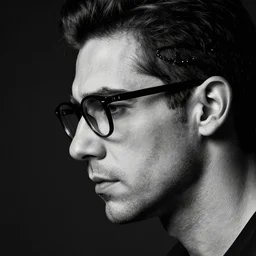 black and white profile photo, studio photograph of a male handsome andrea belluci wearing glasses the painter artist, anxiety and depression, intricate, elegant, highly detailed, hyper realistic, dark background, flickr, smooth, sharp focus, shot by canon