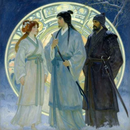 wuxia, winter, neon light, painting by gaston bussiere, craig mullins, j. c. leyendecker, alphonse mucha