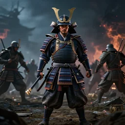a 75mm shot from a samurai in the battleground waiting for the enemies ,volumetric lights, dark, cinematographic, from a marvel movie, octane render , 4k , high resolution, ultra realistic, epic