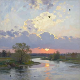 a river in spring, birds are in the sky, puffy clouds, settle sunset, in style of Isaac Levitan,