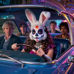 close - up of a amc marlin lowrider driven by a cute fluffy female bunny in a dia de los muertos face makeup, in a quantum wormhole, juxtapoz, artforum, gary baseman, dan mumford, pedro correa, mad magazine