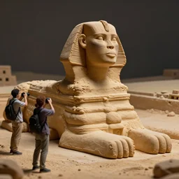 tourists taking photos of a sphynx made of play - doh