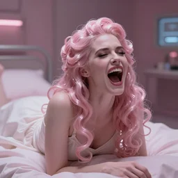 cinestill 5 0 d portrait of a beautiful dreamy woman by annie liebovitz, screaming on a bed of a dystopian mental hosptital room environment, detailed ambient, pale pink tonal glossy, hair intricate style, wearing white dress, elegant, highly detailed, soft foggy blur, artstation, sharp focus, head in focus,