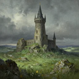 the wizard's tower in grassy rocky fields, art by tim hildebrandt