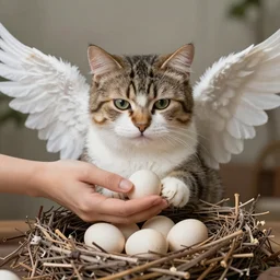 An exotic shorthair cat with wings guarding it's eggs in a nest made of sticks. hands holding eggs, documentary, fluffy cat, national geographic, odd, depth of field, photorealistic