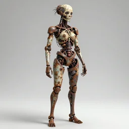 Techno-biological rusty robot geisha consisting of tumors, veins, bones, kidneys, wires. Biopunk, body-horror, high detail, photorealism, full length view, very rust, concept art, octane render, 16k, 8k