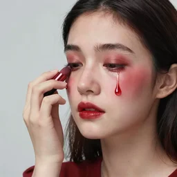 Portrait of a melancholic woman, putting on her makeup in an unorthodox manner as heavy teardrops flow from her puffy, red eyes, artstation 3d, artstation render, artstation 3d render, 3d art, unreal engine 3d, octane 3d, blender 3d, trending on artstation, 4k, 8k