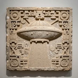 decorative stone panel depicting ufo. Mayan artifact by Pacal Votan. 4K high quality museum collection photograph