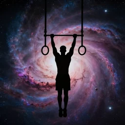 athletic man doing a pullup using gymnastic rings, silhouette, long shot, in a cosmic nebula background, matte colors, very very very dramatic, inspiring digital art trending on artstation
