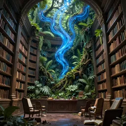 a ( ( decaying old library ) ) with a rainforest! growing inside, blue - glowing - magical - wisps flying around, highly detailed, intricate detail, realistic shaded lighting, dramatic scenery, beautiful 3 d rendering, octane render, hyperrealistic, trending on artstation, by greg rutkowski and simon stalenhag