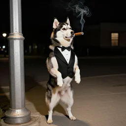 Huskey dog standing on hind legs wearing a tuxedo smoking a cigar below a street light, 1940 aesthetic, night time