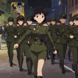 anime visual, portrait of women like reol from a distance wearing a retro military uniform marching down the street in shuya exterior at night, cute face by yoh yoshinari, alphonse mucha, dynamic perspective pose, rounded eyes, moody, psycho pass, kyoani, gustav klimt, cel shade, ilya kuvshinov
