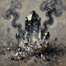 ashes crystal, fierce, scattered, black smoke, intricate background, cast shadows, impressionistic oil painting by alexi zaitsev, malcom liepke, ilya kuvshinov, craig mullins, melinda matyas, thomas kinkade, victo ngai, denis sarazhin. bold brush strokes, fractal leaves, masterpiece