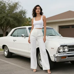 a woman in white is stand next to a 1967 Chevy impala