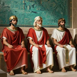 ancient senators in red and white robes sit in tribunes, egyptian teal mosaic background, highly detailed, beautiful cinematic light deep focus, elegant, digital painting, smooth, sharp focus, golden ratio, dramatic illumination, art by aleksi briclot, rutkowski and caravaggio