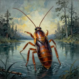 giant cockroach painting coming out of a lake in the style of beksinski