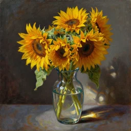 oil painting by frans mortelmans, sunflower in cinematic light, shadows, dramatic and very very very very beautiful masterpiece, light reflection, light refraction, transparent glass vase, optical caustics