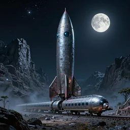 long organic alien weird David cronenberg rocket train mountain starry moonlit night sky H.R. Giger, amazing wide landscape digital art 4k