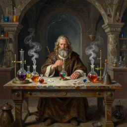 a highly detailed painting of a male alchemist sitting at the table in a dimly lit medieval lab, medieval lab equipment, vibrant vials, vials with smoke coming out, art by artgerm, karol bak and mark brooks, centered, symmetrical, aesthetically pleasing, insane details, digital art, deviantart, artstation