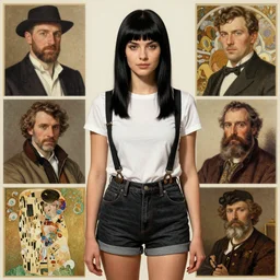 a woman with black hair and long pixie haircut in shorts with suspenders and white t-shirt drawn by john singer sargent, norman rockwell, frank frazetta, maler collieri, peter paul rubens, alphonse mucha, gustav klimt 4k, unreal 5, DAZ, french noveau, trending on artstation, octane render, hyperrealistic