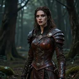 Establishing shot, dramatic atmospheric dark forest scenery, girl with vampire-fangs clad in modest hide leather armor, hyperdetailed, beautiful concept art, artstation, cgsociety, 8k