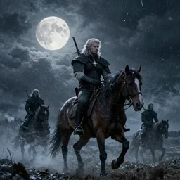 “ the wild hunt, spectres, riding in the sky, blizzard storm, smoke, full moon, bad omen, in the style of the witcher series ”