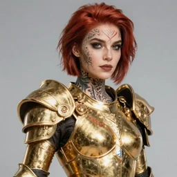 a beautiful woman wearing gold armor, redhead, short hair, tattooed face, digital art, extremely detailed