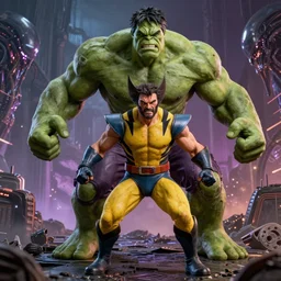 the hulk battles wolverine, redesigned by yasushi nirasawa and alex ross, full figure action shot, alien world background, hdr, 8 k, octane render, volumetric lighting