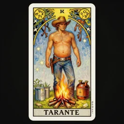 an ethereal tarot card painting of a shirtless cowboy with a stocky build and belly | background is a serene campfire | tin cans and jugs of whisky | tarot card, art deco, art nouveau | by Mark Maggiori and Alphonse Mucha | trending on artstation