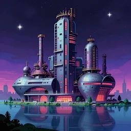 industrial architecture by ludwig mies van der rohe, vice city studio ghibli vaporwave lake cyberpunk lightpaint cosmic myst, archdaily, wallpaper, highly detailed, trending on artstation.