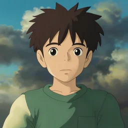 Boy with neutral face, dramatic clouds, made by Studio Ghibli, Accent lighting, front lit, cinematic lighting, highly detailed art, beautiful scene, sharp focus, smooth, 8k