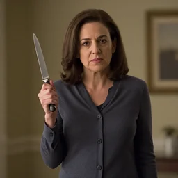 Movie still of Sheryl Sandberg holding a knife in The Doomsday Machine, directed by Steven Spielberg, establishing action shot