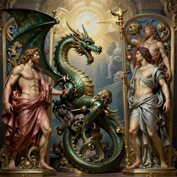 the Colchian dragon regurgitating Jason, by Rolf Armstrong and Evelyn De Morgan and Bastien Lecouffe-Deharme, dramatic lighting, high contrast colors, baroque, empyrean, panoramic view, as trending on Artstation, highly detailed, doom engine,
