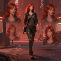 concept art by greg rutkowski, a very tall, slender redhead girl in futuristic cassual clothes, walking in the streets of a futuristic city, dim reddish - toned lighting, detailed portraits, nostalgic atmosphere, scifi, digital painting, artstation, concept art, smooth, sharp foccus ilustration, artstation hq