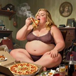a very fat margot robbie sitting in a messy room and burping because she ate too much pizza and junk food, fantasy art, illustration, amazing detail, in the style of greg rutkowski, artgerm, cgsociety