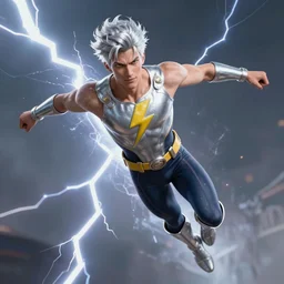 action shot of a comic book superhero silver hair lightning emblem on his chest, silver armbands and shin guards, flying, lightning, epic, highly detailed, well composed