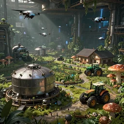 fully detailed landscape of a cyberpunk farm underground , watertank, futuristic tractors, farmhouse, mushroom, overgrowth,  Ai , Bots , drones , cinematic lightening, in the future, high quality, 8k , octane render, trending on artstation , greg rutowski