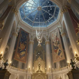 alchemist's polygonal laboratory with giant walls and glass ceilings showing the stars and hanging silk drapery and tapestries, light dust, magnificent, close up, sharp focus, elegant, highly detailed, from below, illustration, by jordan grimmer greg rutkowski wlop maya takamura, intricate, trending artstation, pixiv, digital art