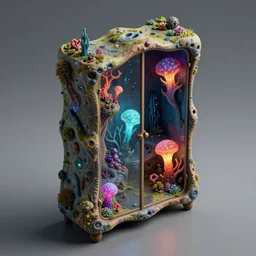 Isometric alien like wardrobe with interesting organic shapes in its curvy design, all inspired by a bioluminescent alien nature, Ragnarok item but hyper-realistic, detailed 3D asset
