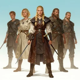 female viking by atey ghailan, by greg rutkowski, by simon stalenhag, by greg tocchini, by james gilleard, by joe fenton, by kaethe butcher dynamic lighting, gradient light blue, brown, blonde cream and white color scheme, grunge aesthetic