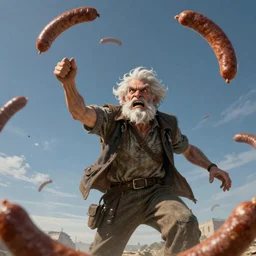 Intricate detailed illustration, angry old man throwing sausages, blue sky, cinematic lighting, by Sparth and Greg Rutkowski, wide angle, volumetric light scattering, 8k, artstation, concept art,