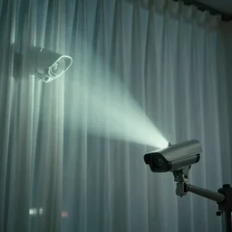 A surveillance camera casting a pale flourescent beam through translucent curtains, cinematic lighting, high quality, photorealistic