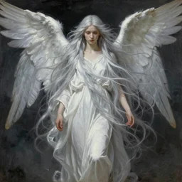 thin beautiful angel, pale wan female angel, long flowing silver hair covering her whole body, beautiful!!!, flowing silver hair, flowing white robes, flowing hair covering front of body, white robe, white dress!! of silver hair, covered!!, clothed, in the style of jean delville, lucien levy - dhurmer, fernand keller, fernand khnopff, oil on canvas, 1 8 9 6, 4 k resolution, aesthetic, mystery