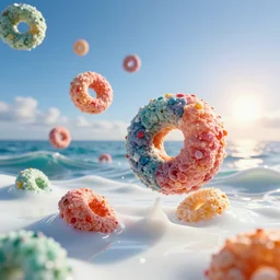 side view extreme close up of colorful fruit loops cereal that float in white vitamin d milk ocean sea. an ocean of gentle rolling waves made of white milk. blue sky morning sun on horizon. digital art, cgsociety award winner, ue 5, 4 k, dramatic lighting, subsurface scatter, hdr, dues ex.